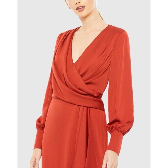 MAC DUGGAL Size 2 Orange SATIN RUCHED BISHOP SLEEVE Cocktail GOWN Dress New $398 - Picture 2 of 10